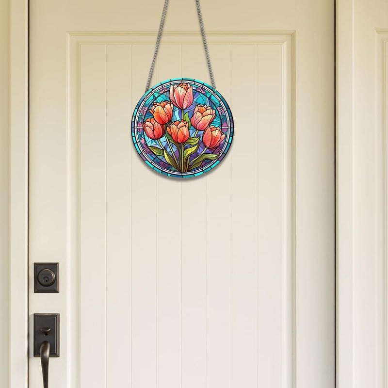 HOTIYOK Red Tulips Flower Acrylic Window Hangings Retro Stained Window & Wall Decor, Ideal Housewarming Gift, Home Decor for Mom, Grandma, Wife, Teacher, Floral Lover - Image 4